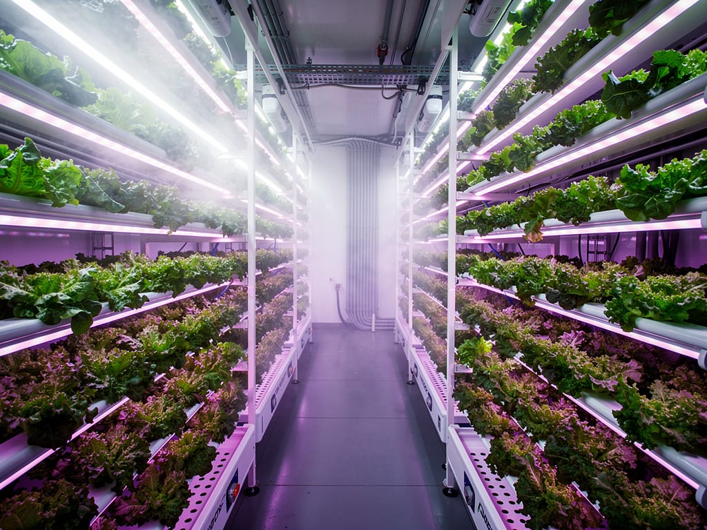 Rows of lettuce growing in a modern vertical farm