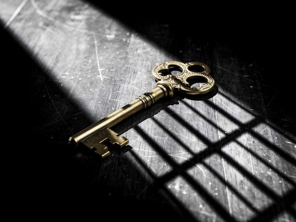A single key casting a shadow that looks like prison bars