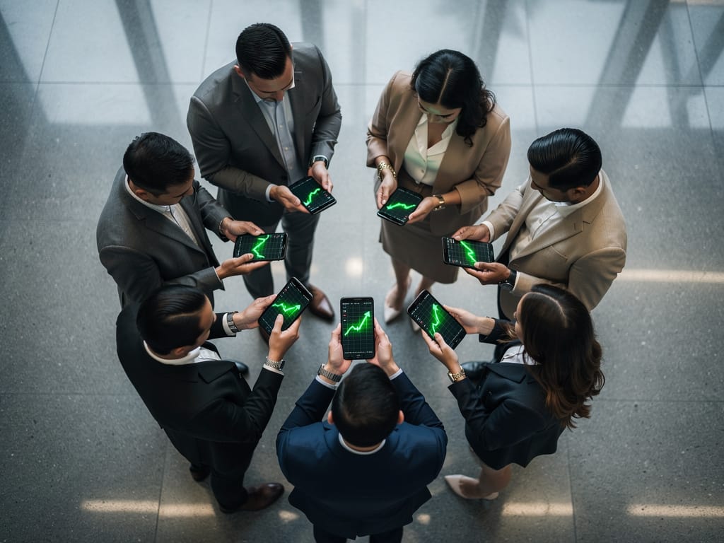 A group of investors looking at the same positive stock chart on their phones