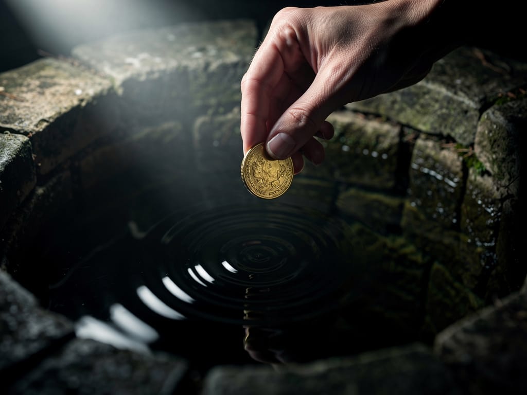 A hand dropping a gold coin into a dark well, symbolizing sunk cost fallacy