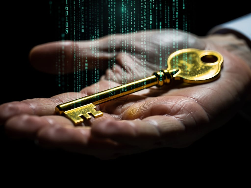 A hand holding a glowing golden key with digital code reflection