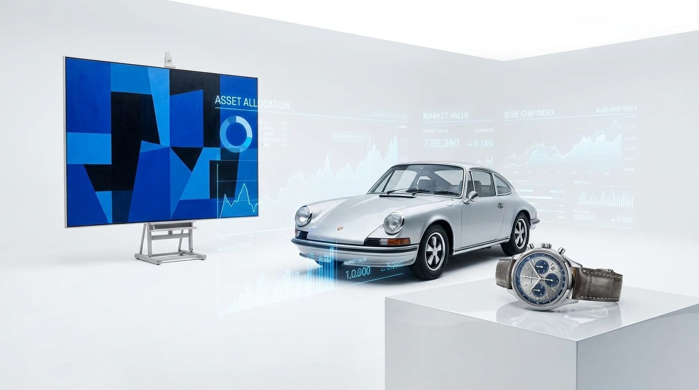 A collection of alternative assets available for fractional investment like art and cars