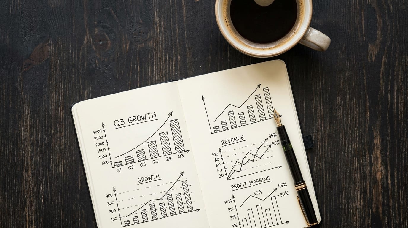 Notebook with financial charts and a pen, representing wealth calculation and strategy
