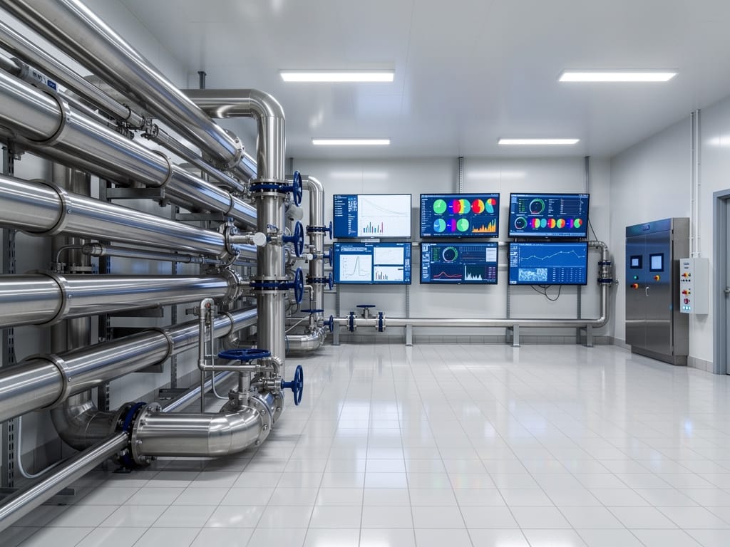 The interior of a high-tech water treatment and purification plant