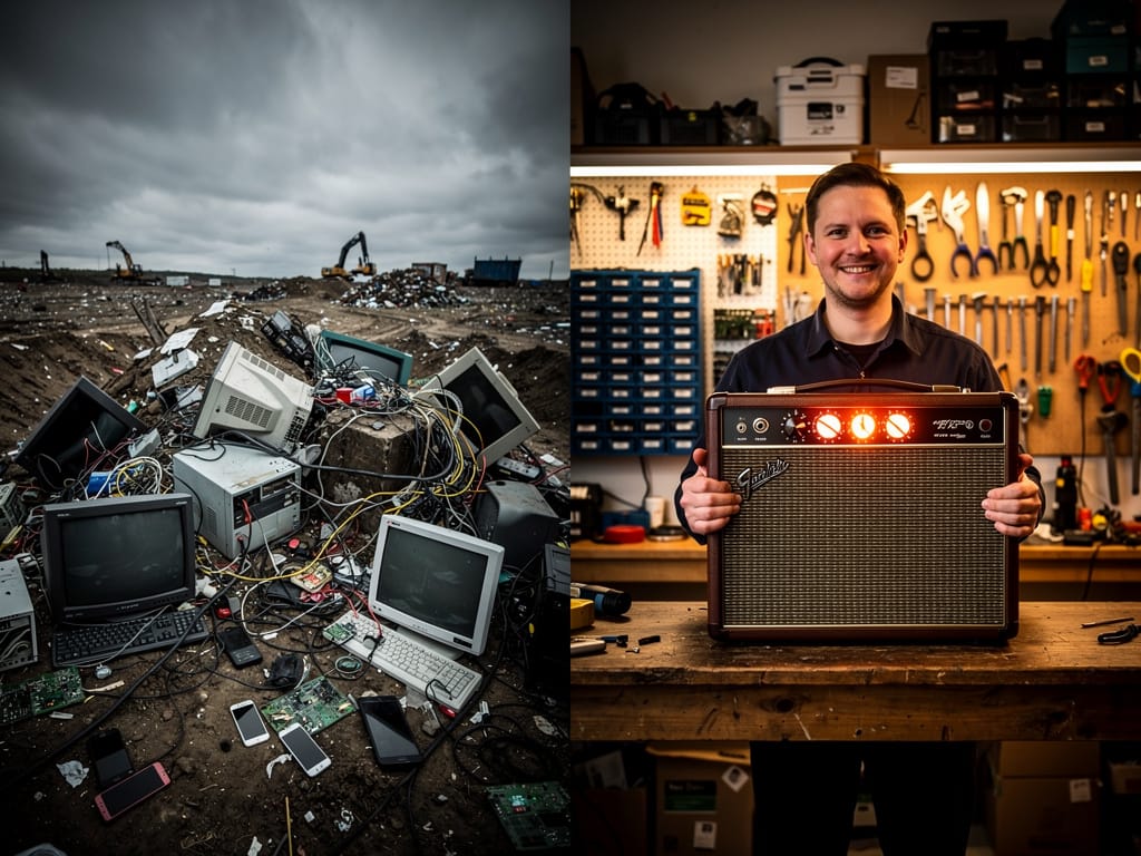 A split image contrasting electronic waste with the positive outcome of skilled repair