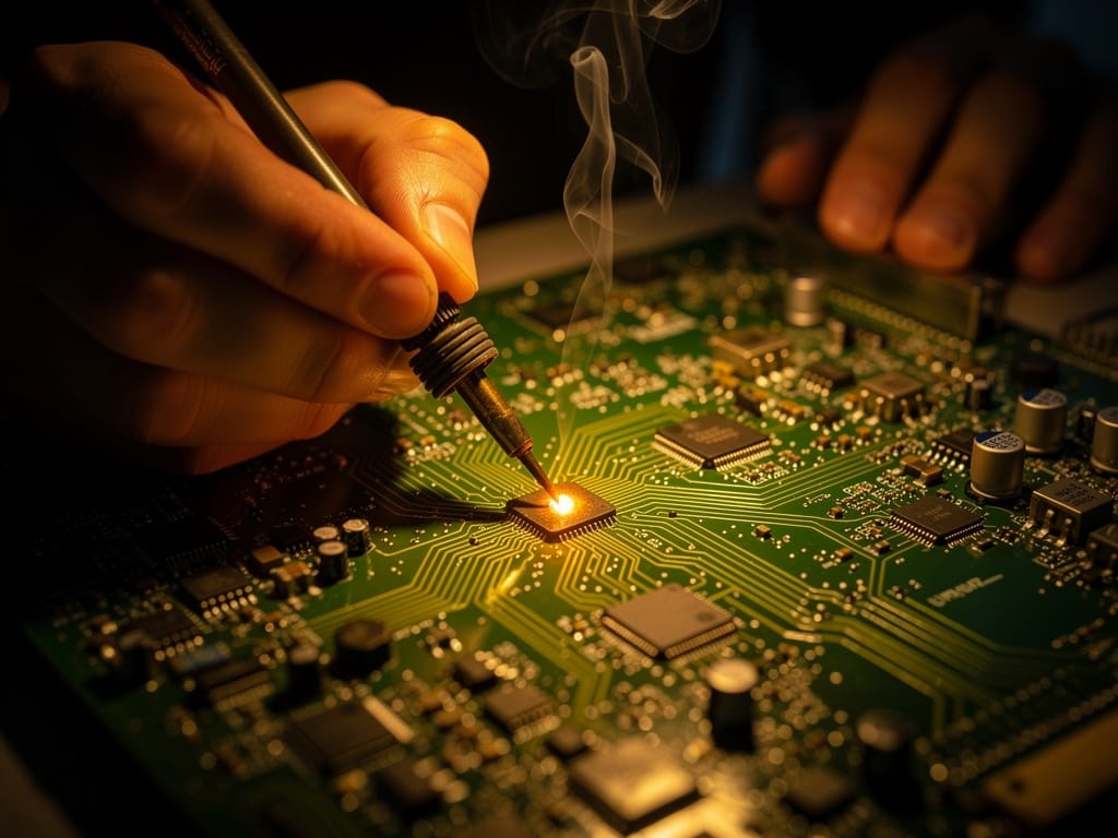 A technician's hands performing a detailed repair on a circuit board