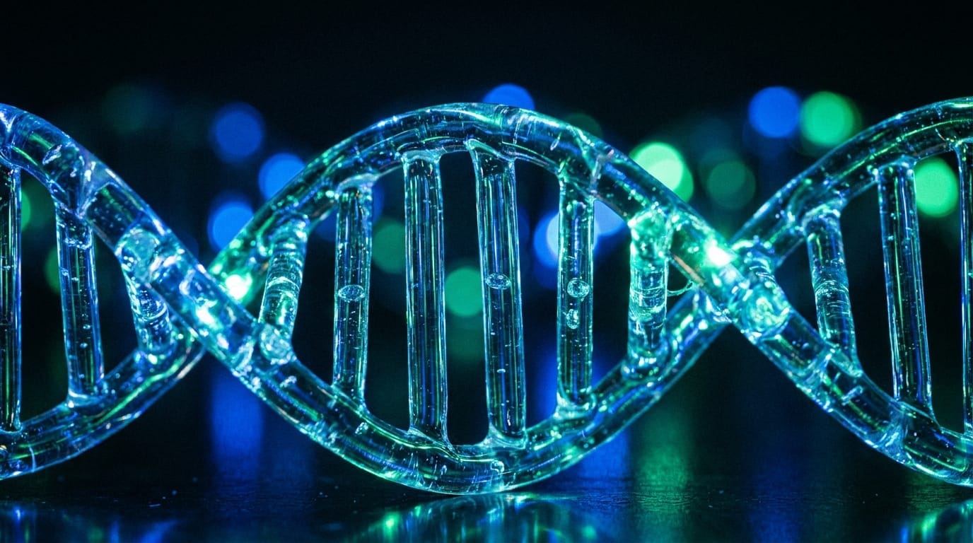 A glowing glass model of a DNA double helix