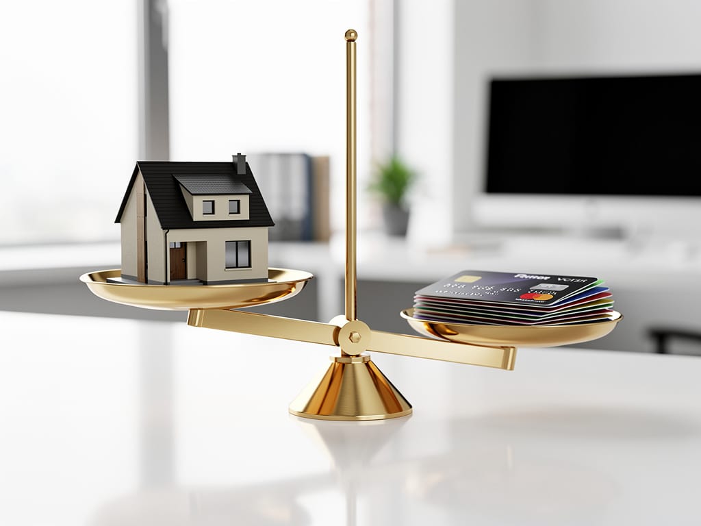 A scale balancing a house against credit cards to show good vs bad debt