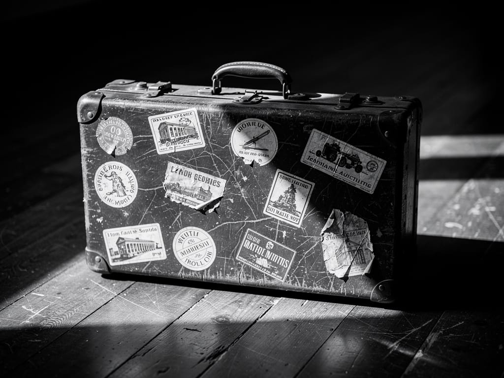 A vintage leather suitcase with travel stickers, symbolizing a life of travel