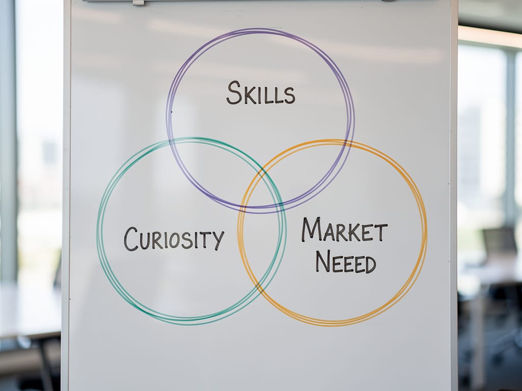 A Venn diagram showing the intersection of skills, curiosity, and market need