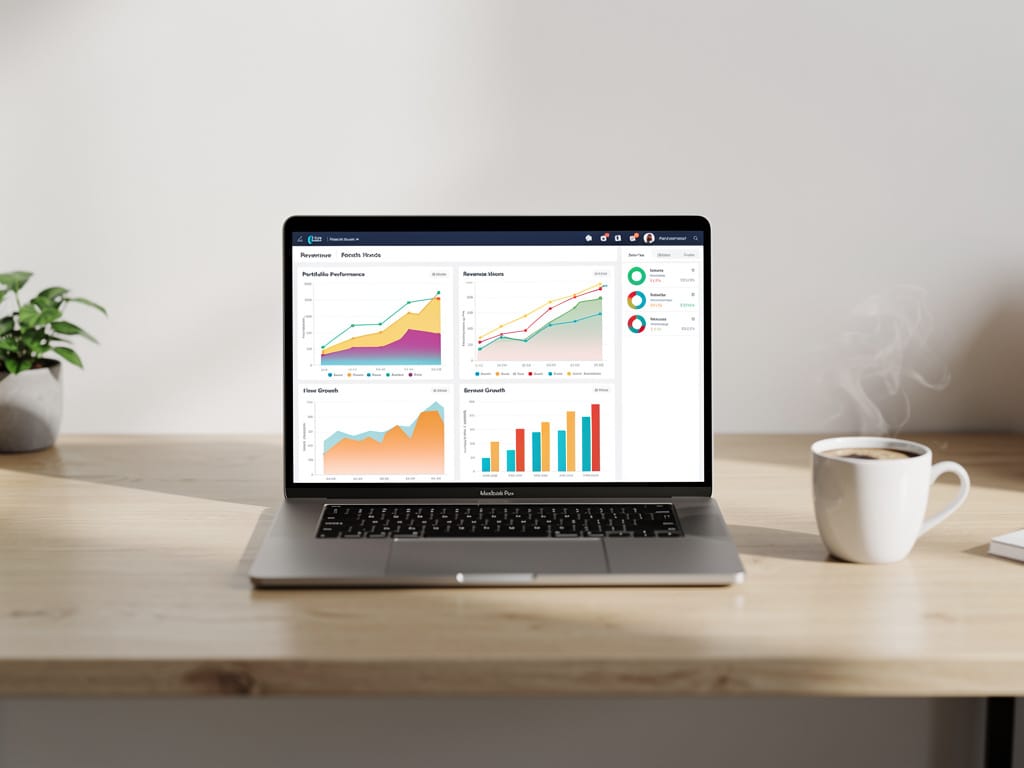 Laptop on a desk showing a personal finance dashboard