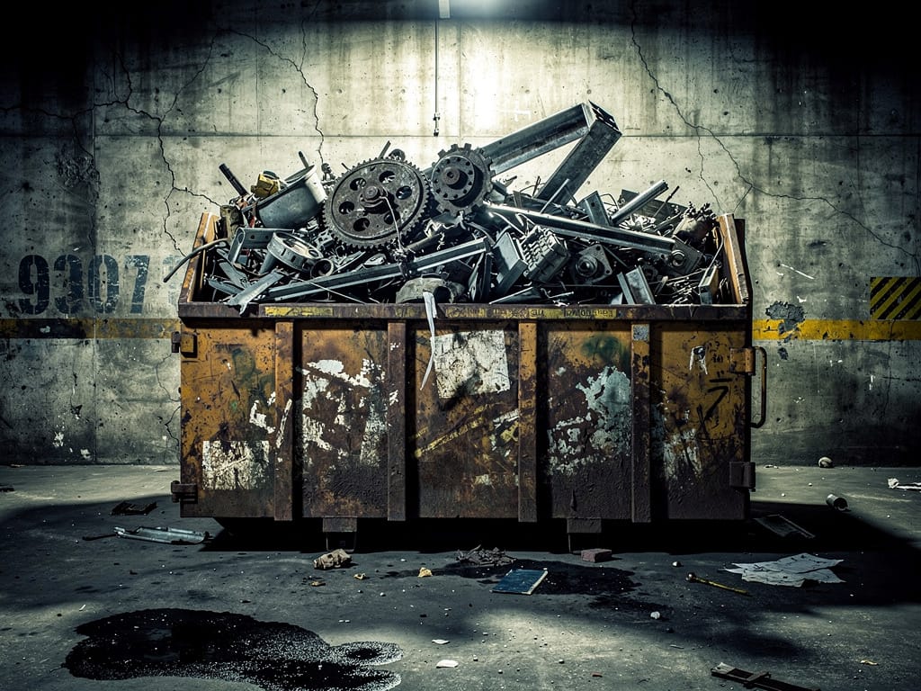 An overflowing industrial dumpster filled with scrap metal waste