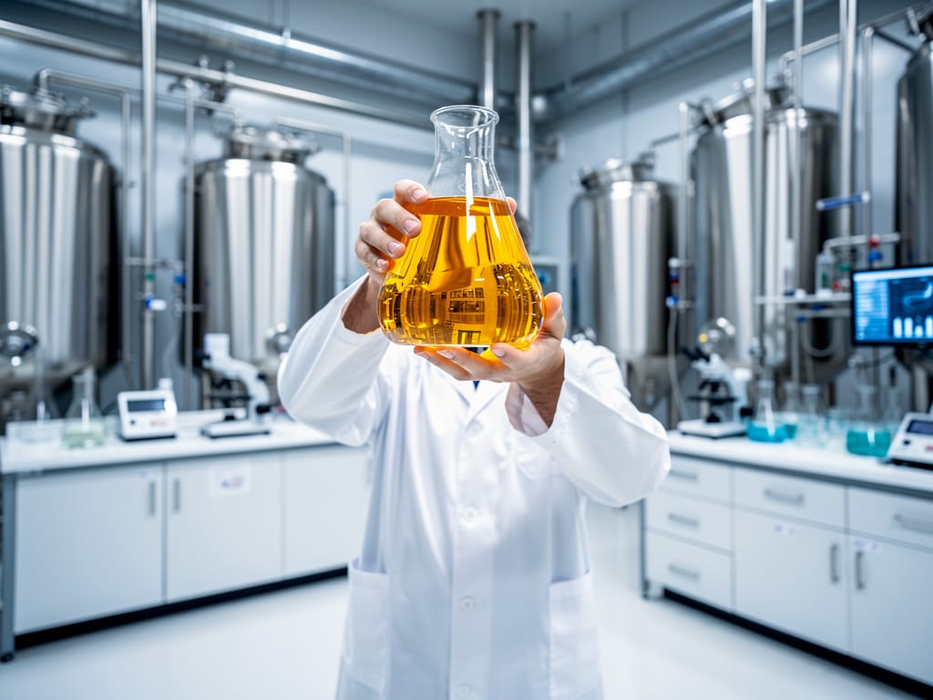 A scientist in a lab holding a beaker of clear golden biofuel