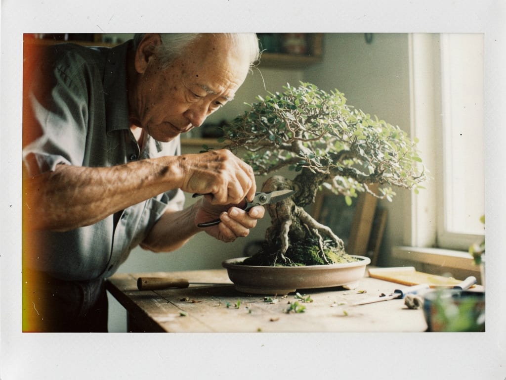 A bonsai tree being strategically pruned to improve its health and shape