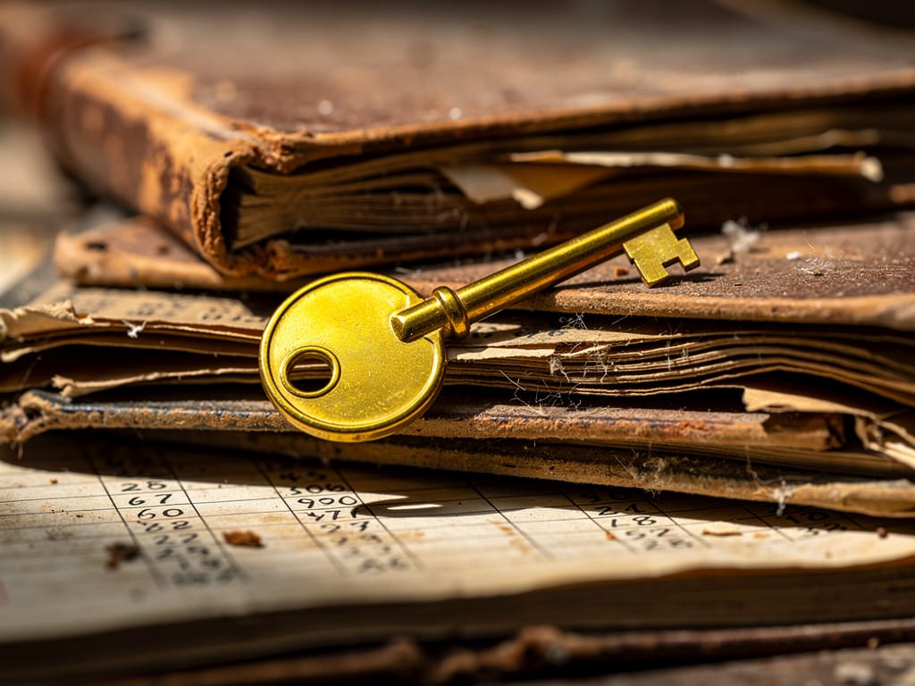 A golden key representing opportunity on old business books