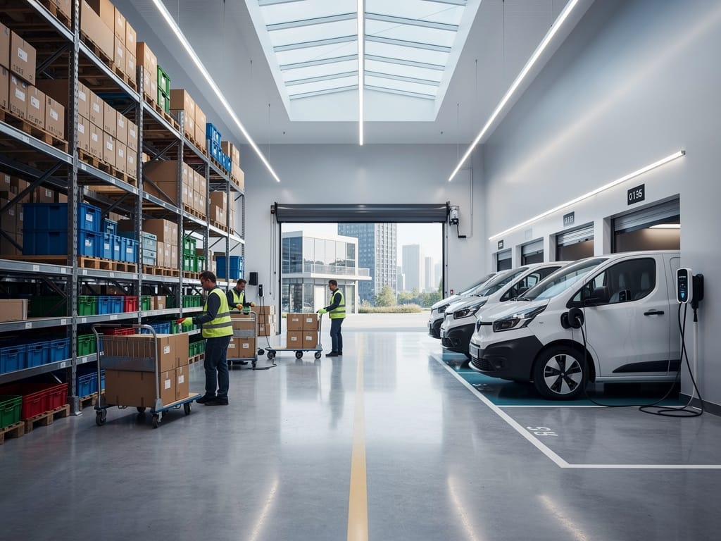 Small electric delivery vans being loaded at a modern last-mile logistics hub