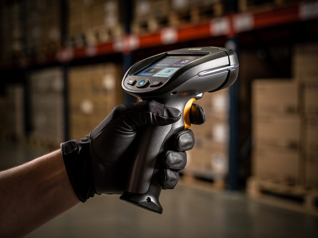A logistics worker using a modern handheld package scanner in a warehouse