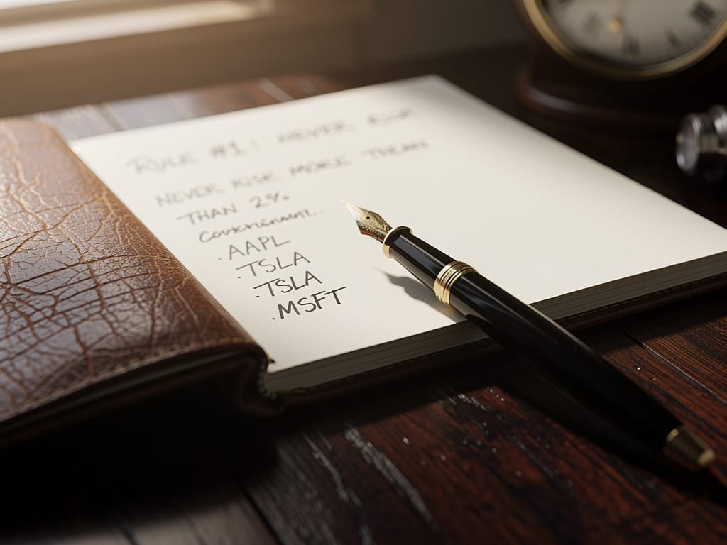A personal finance journal with handwritten investment rules on a desk