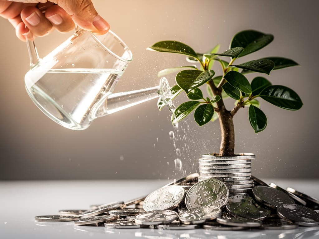 Hand watering a money tree plant growing from a pile of coins