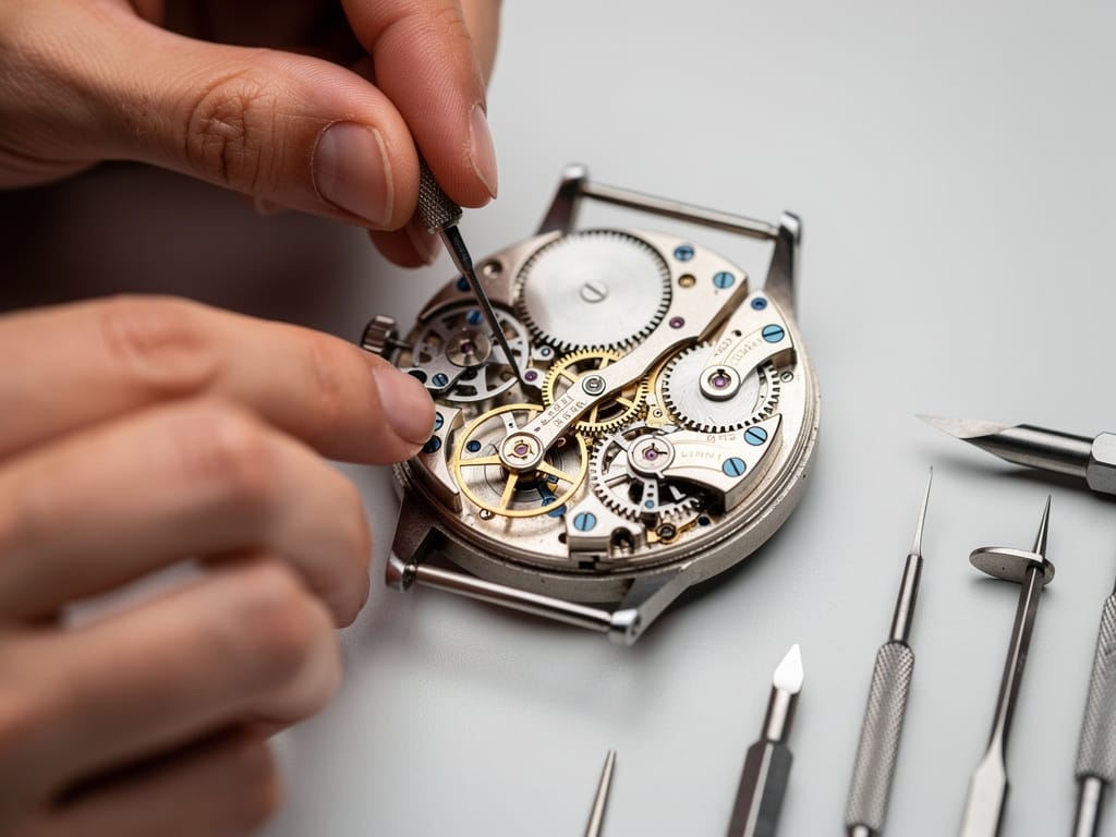 Technician's hands repairing a vintage watch on a workbench