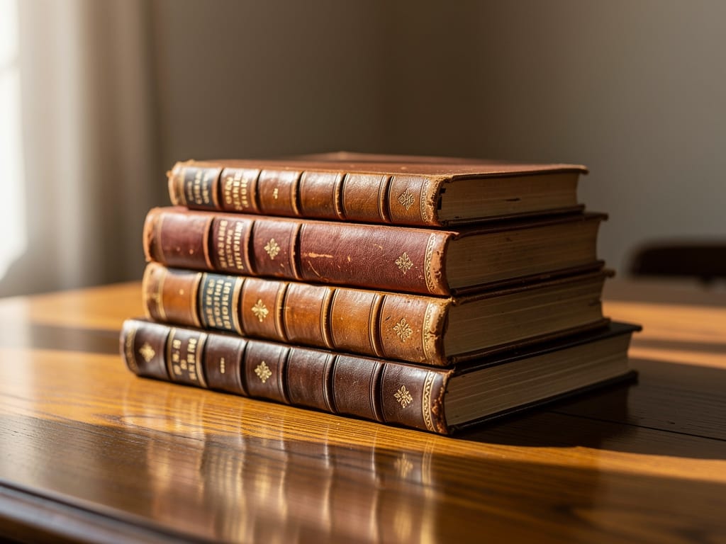 Stack of restored classic leather-bound books on a table