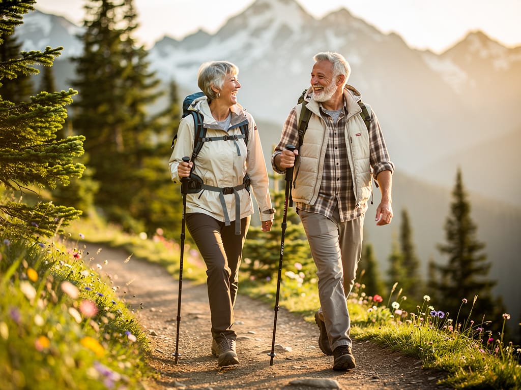 Active senior couple enjoying a hike.