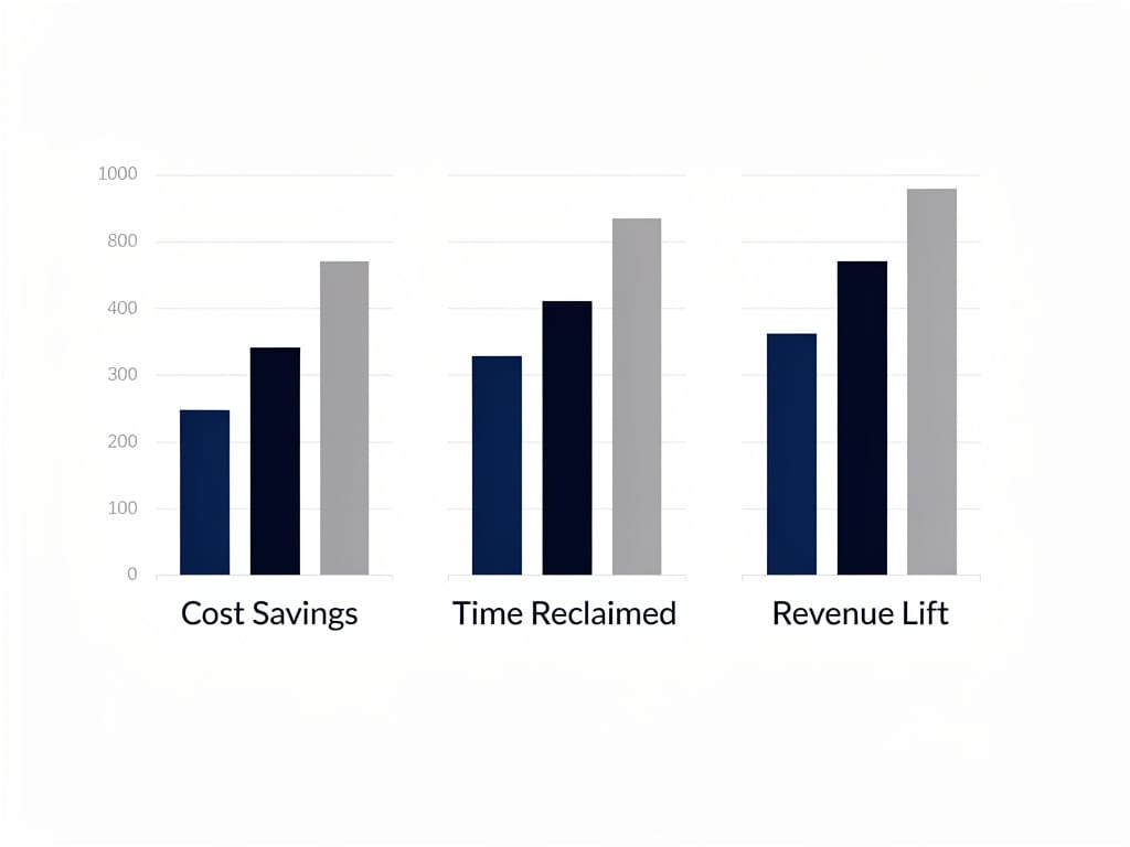 Bar chart showing AI benefits for businesses in cost, time, and revenue