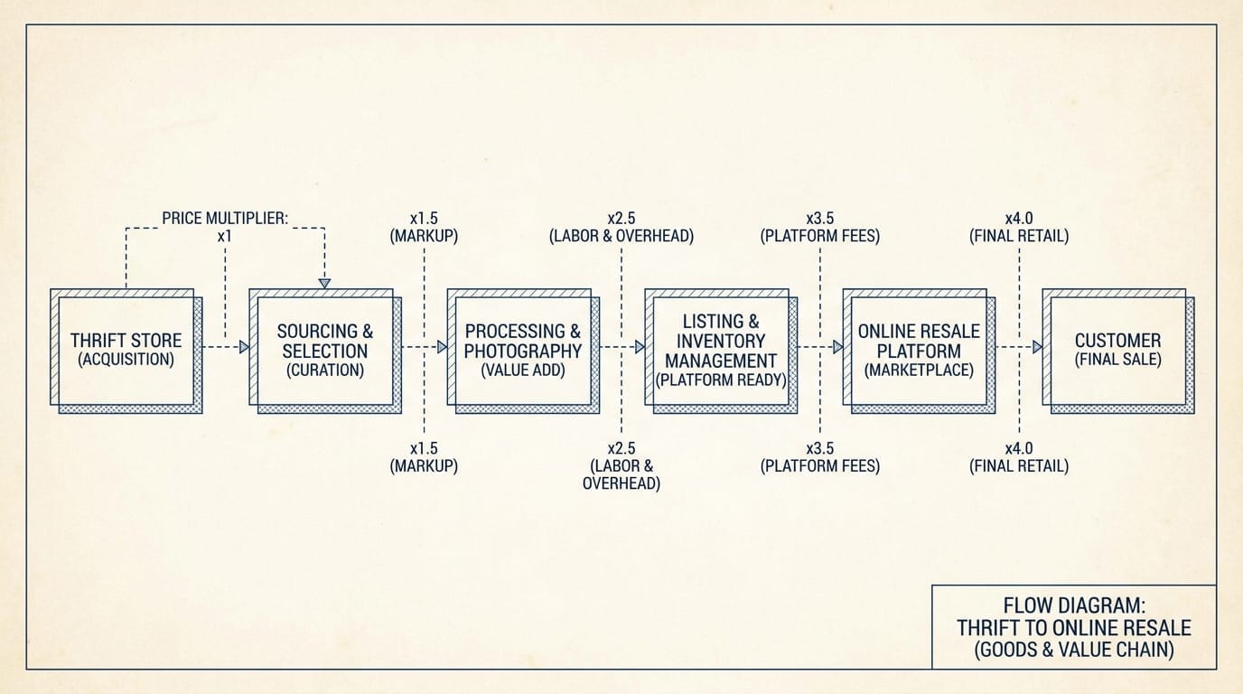 Diagram showing resale arbitrage flow from thrift stores to online platforms