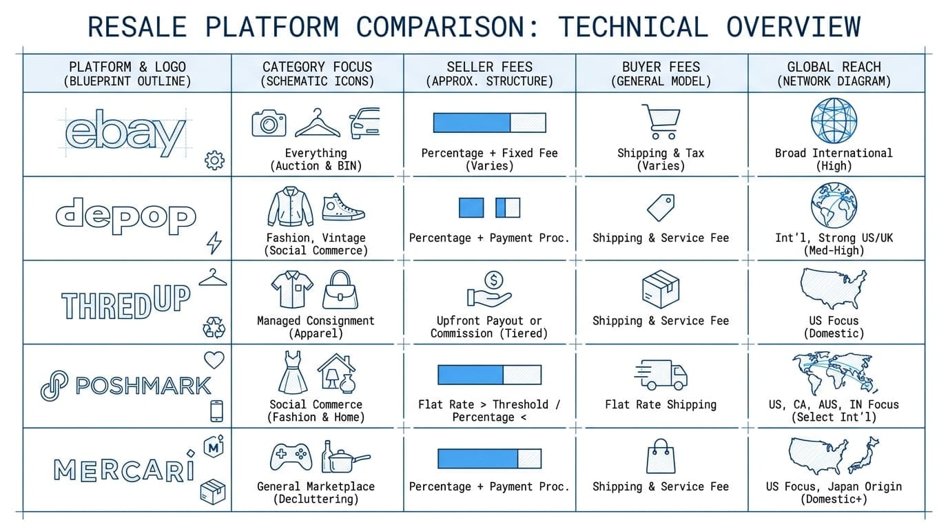 Comparison grid of major online resale platforms