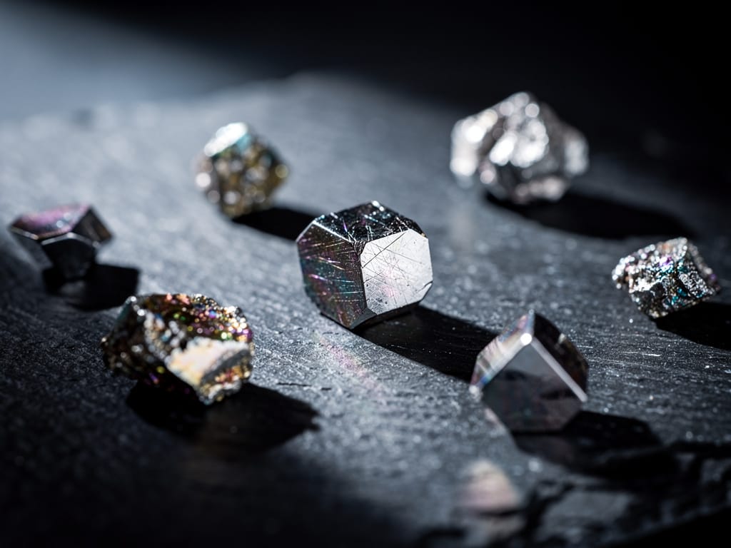 Close-up of various rare earth element metals on a dark surface