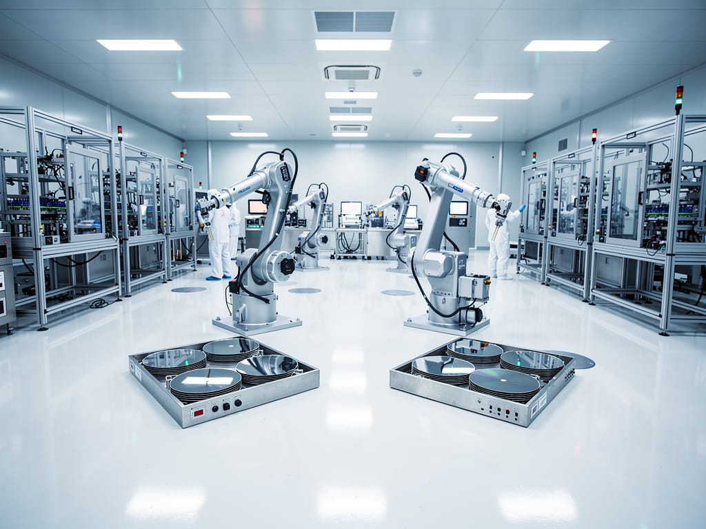 Robotic arms handling silicon wafers in a semiconductor cleanroom