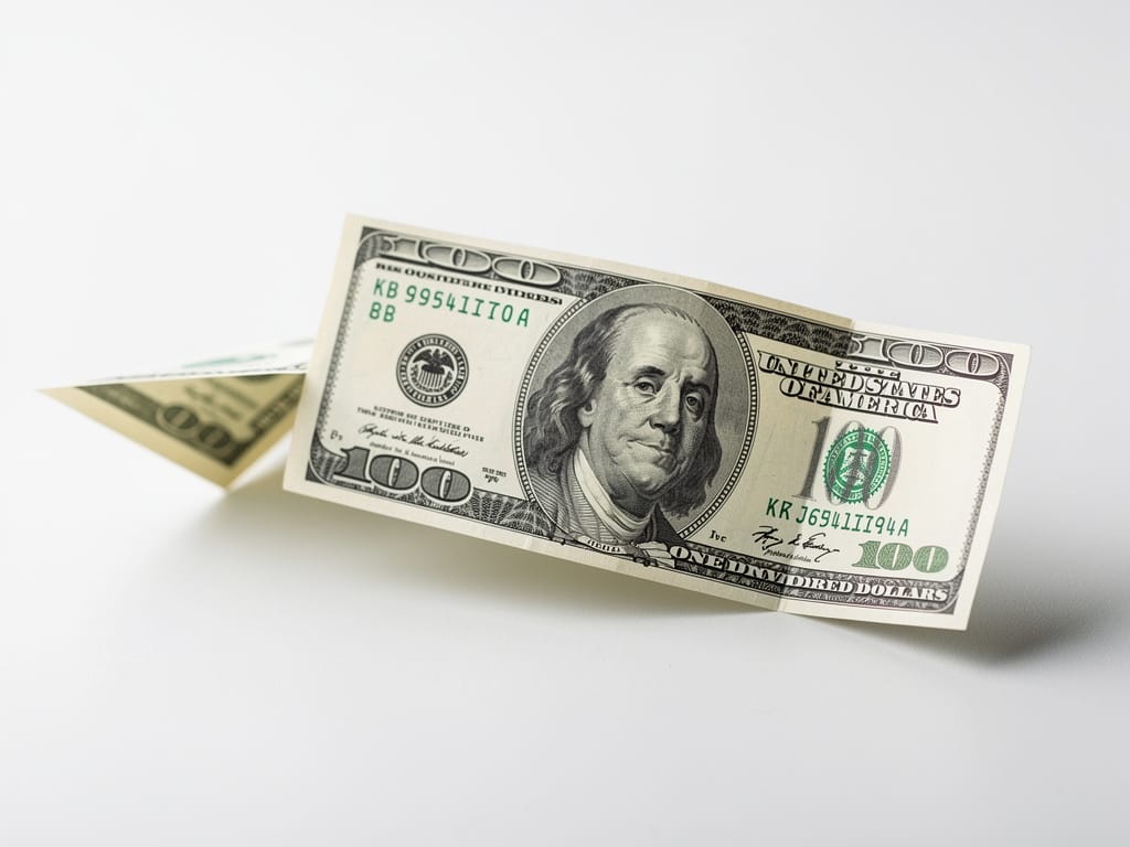 A hundred-dollar bill folded into a paper airplane, symbolizing a strategic financial project
