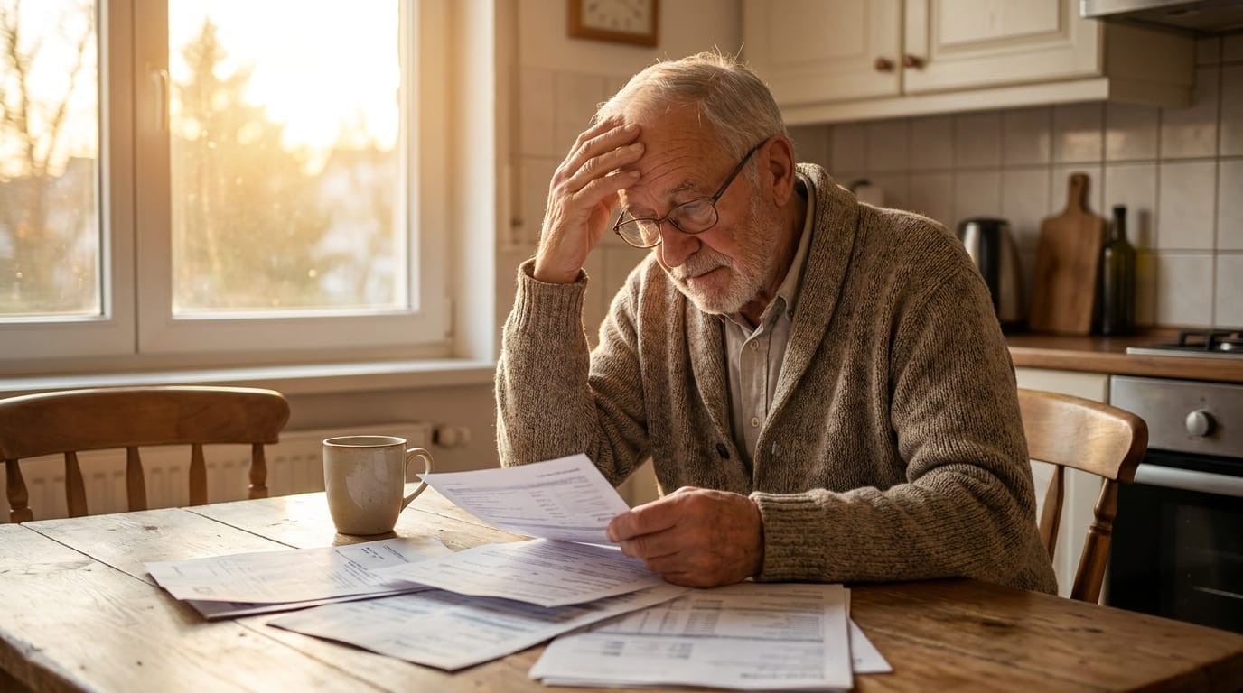 Retired man reviewing finances at kitchen table with coffee