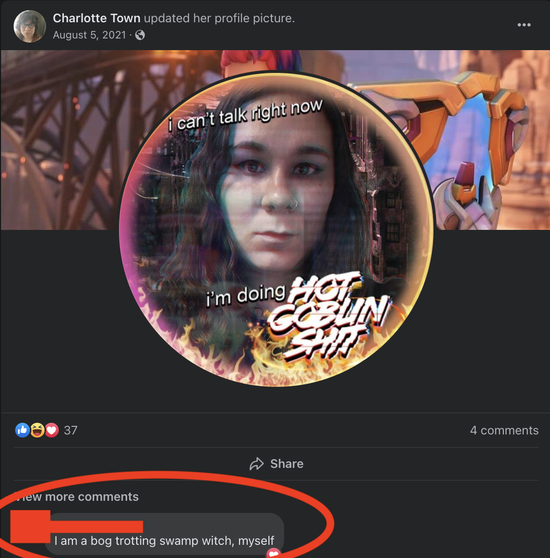 Facebook profile photo of Charlotte Jade Town claiming to do hot goblin things and witchcraft. 