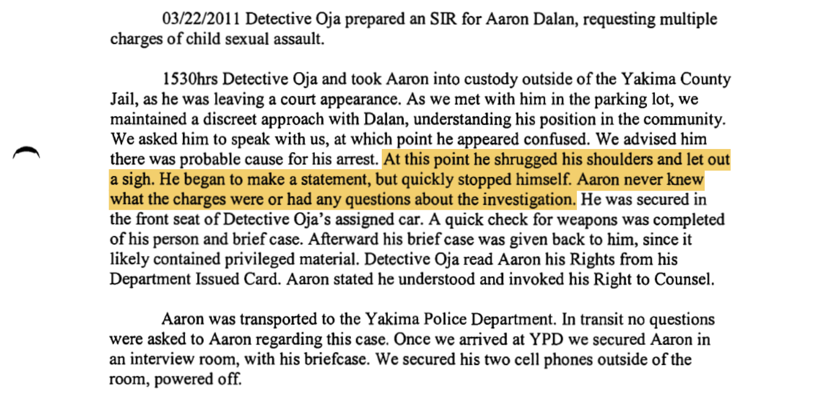 YPD Chad Janis case narrative excerpt.