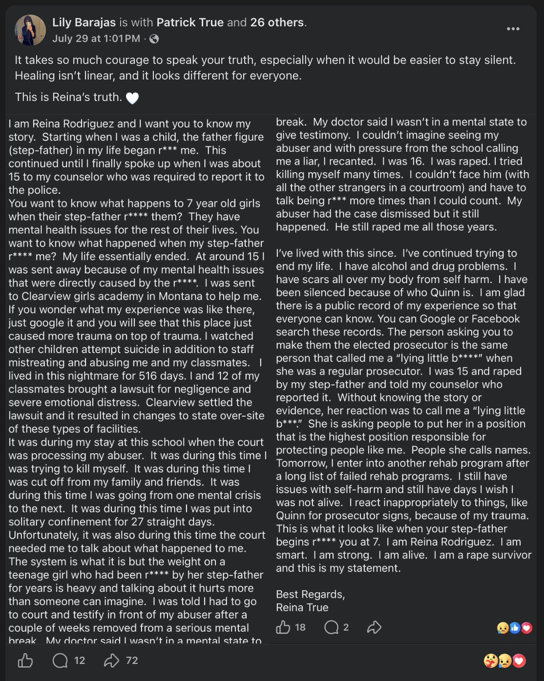Reina Rodriguez Facebook statement against Aaron Dalan.