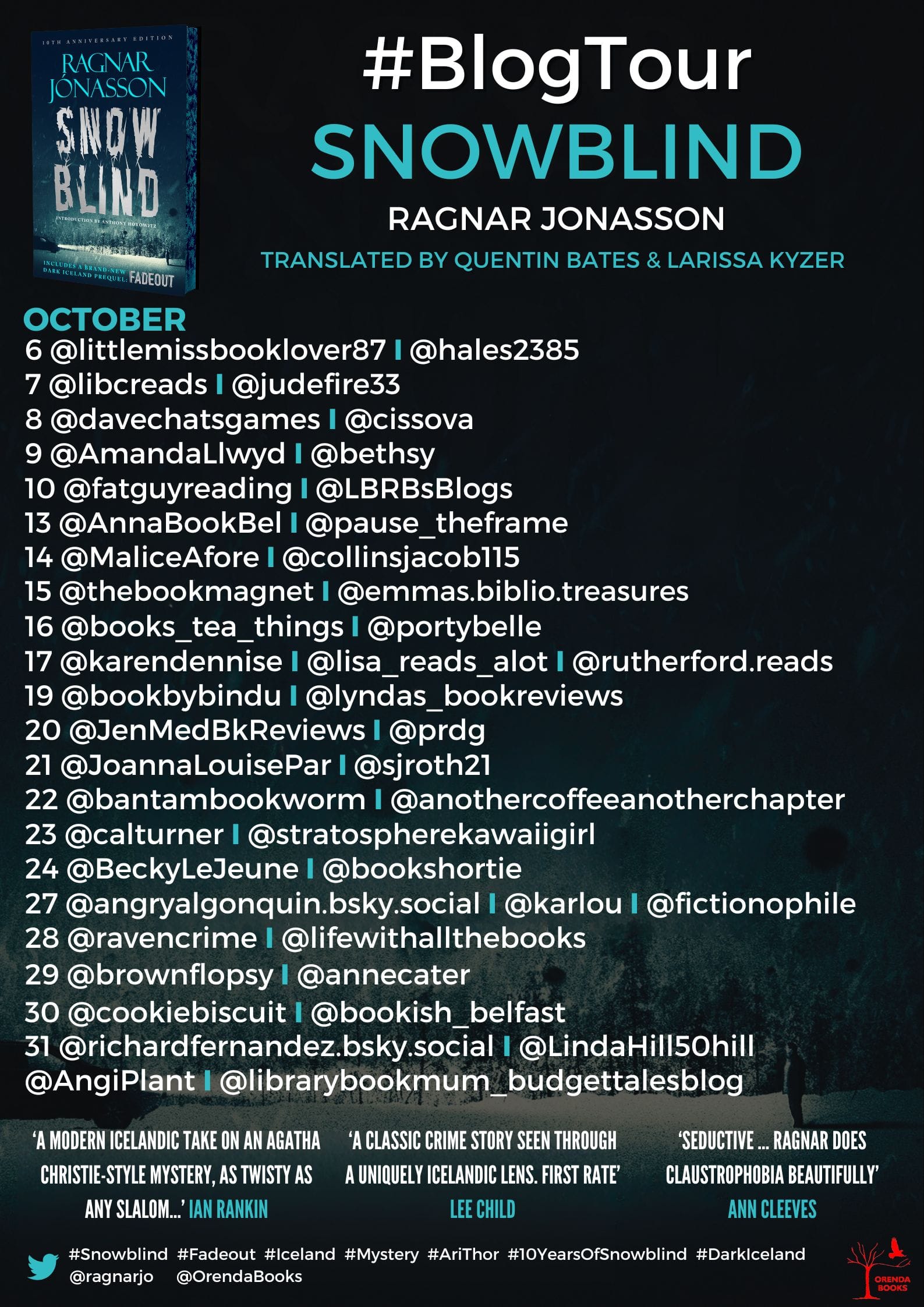 Blog tour poster for "Snowblind". 
