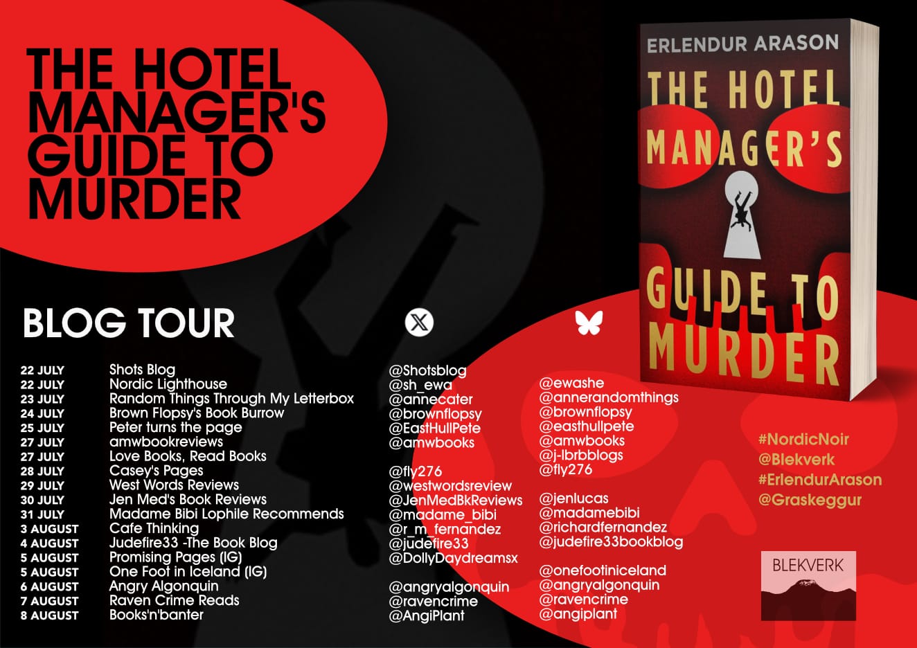 Blog tour poster for The Hotel Manager's Guide to Murder by Erlendur Arason. Primary colors are black and red.