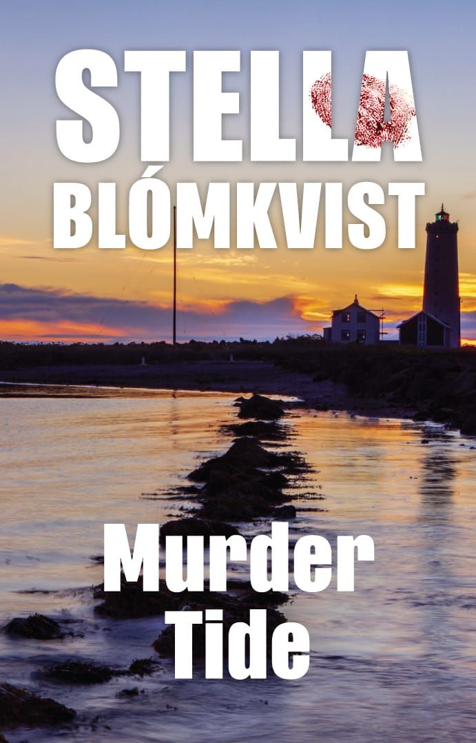 Cover of Murder Tide by Stella Blómqvist. Shoreline and building with a sunset in beautiful purple, orange and green tones; body of water is blue and gray.