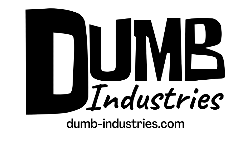 Black and white logo for Dumb Industries, with "DUMB" very large and Industries smaller underneath. 