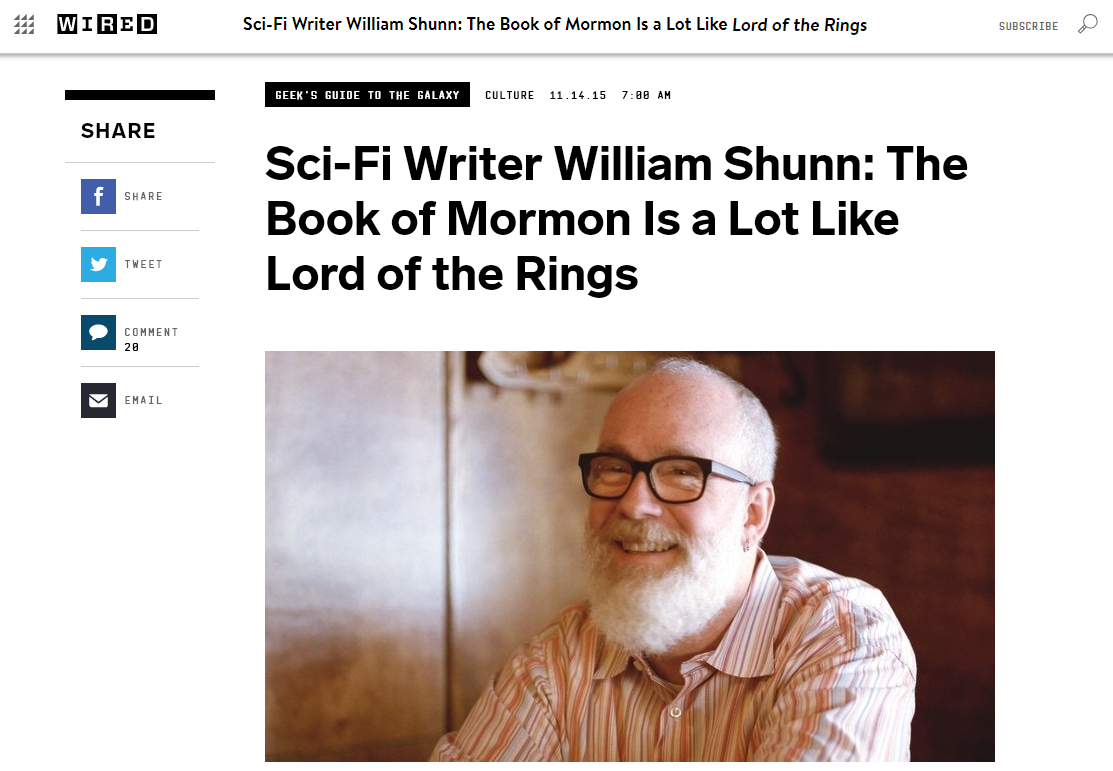 A screenshot from Wired.com, dated 14 November 2015, showing a photograph of a smiling, gray-bearded man with horn-rimmed glasses below a bold headline that reads: "Sci-Fi Writer William Shunn: The Book of Mormon Is a Lot Like Lord of the Rings"