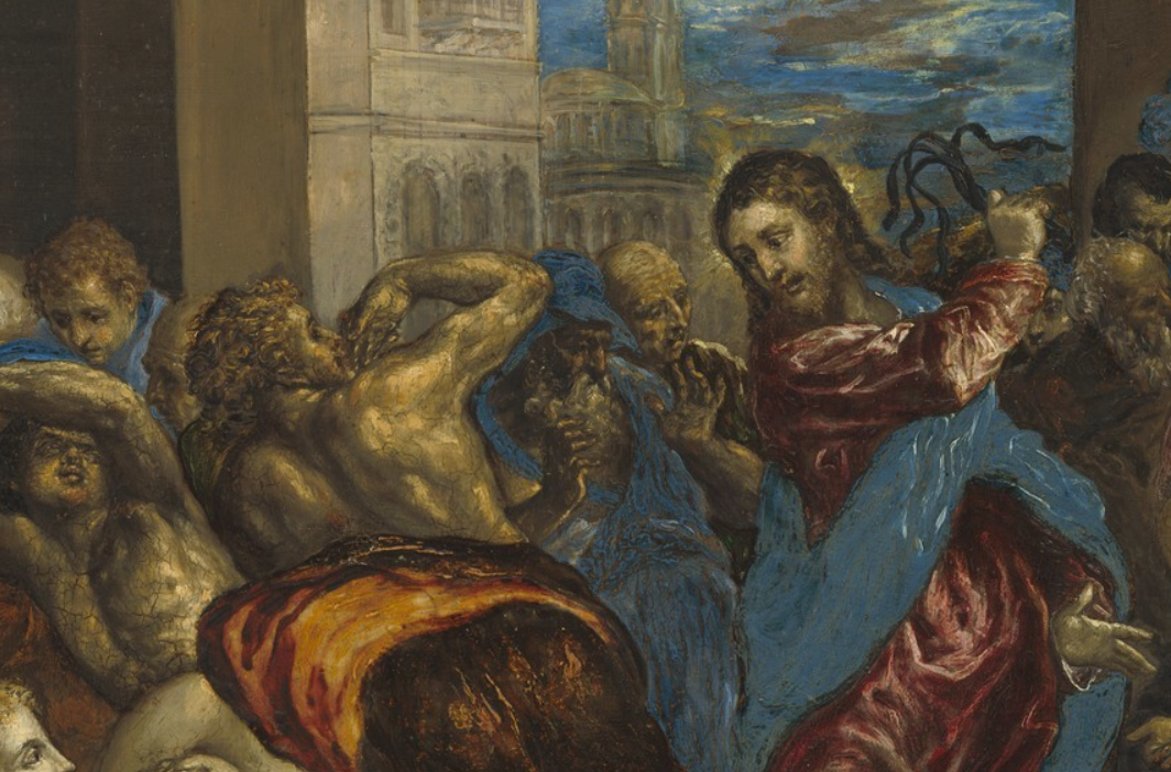 A close-up on the previous oil painting image, focusing in on Jesus and one cringing person in particular.