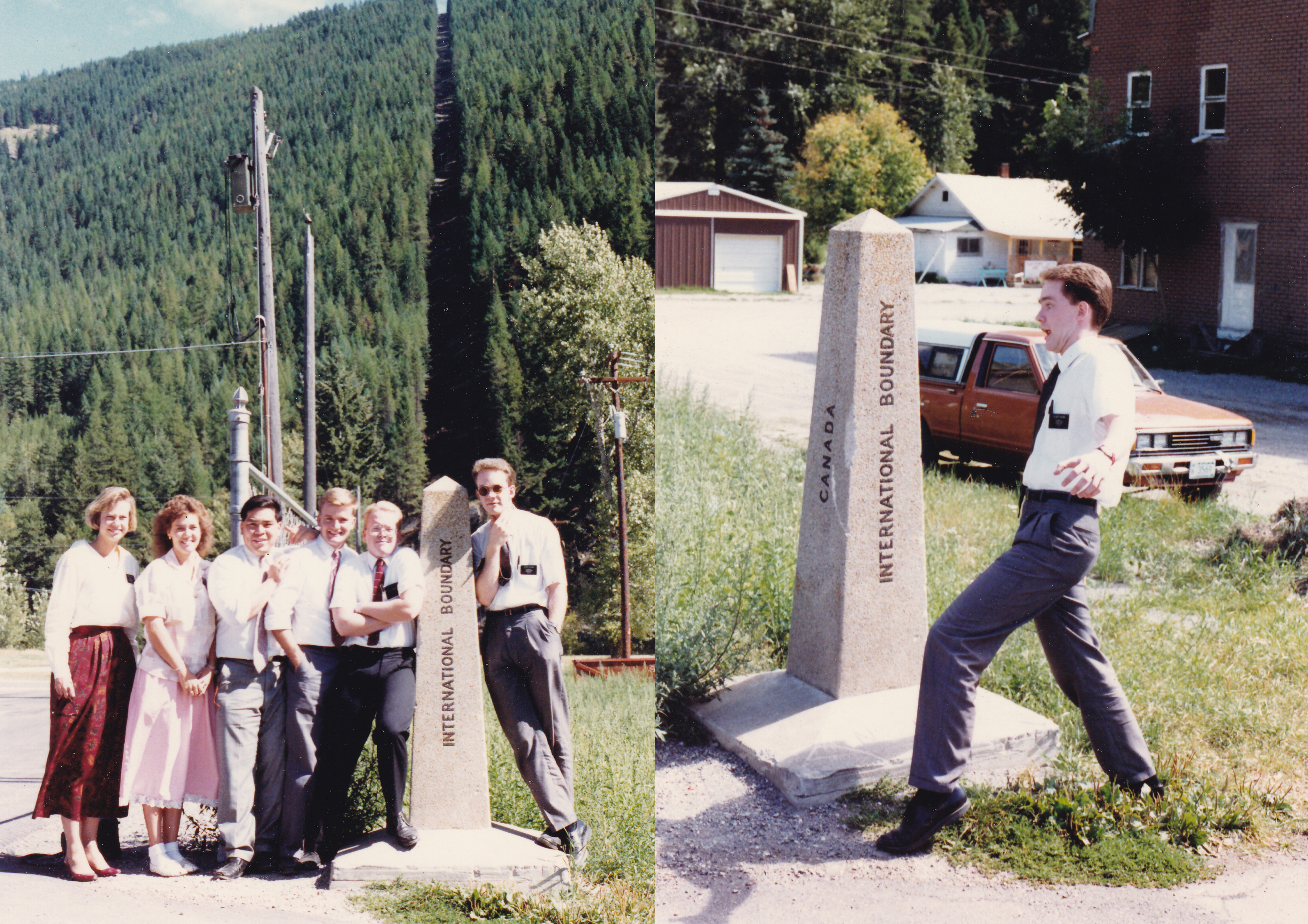 A montage of two old photographs. On the left, six young LDS missionaries are lined up on either side of a stone pylon marking the international border between Canada and the U.S., five in Canada on the left, one in the U.S. on the right. Behind them, a clear-cut strip rises straight up the side of a mountain otherwise dense with pine trees. In the right photograph, a young missionary in white shirt, tie, and name tag pokes a foot past the pylon and across the border, contorting the rest of his body back with a facetious rictus on his face.