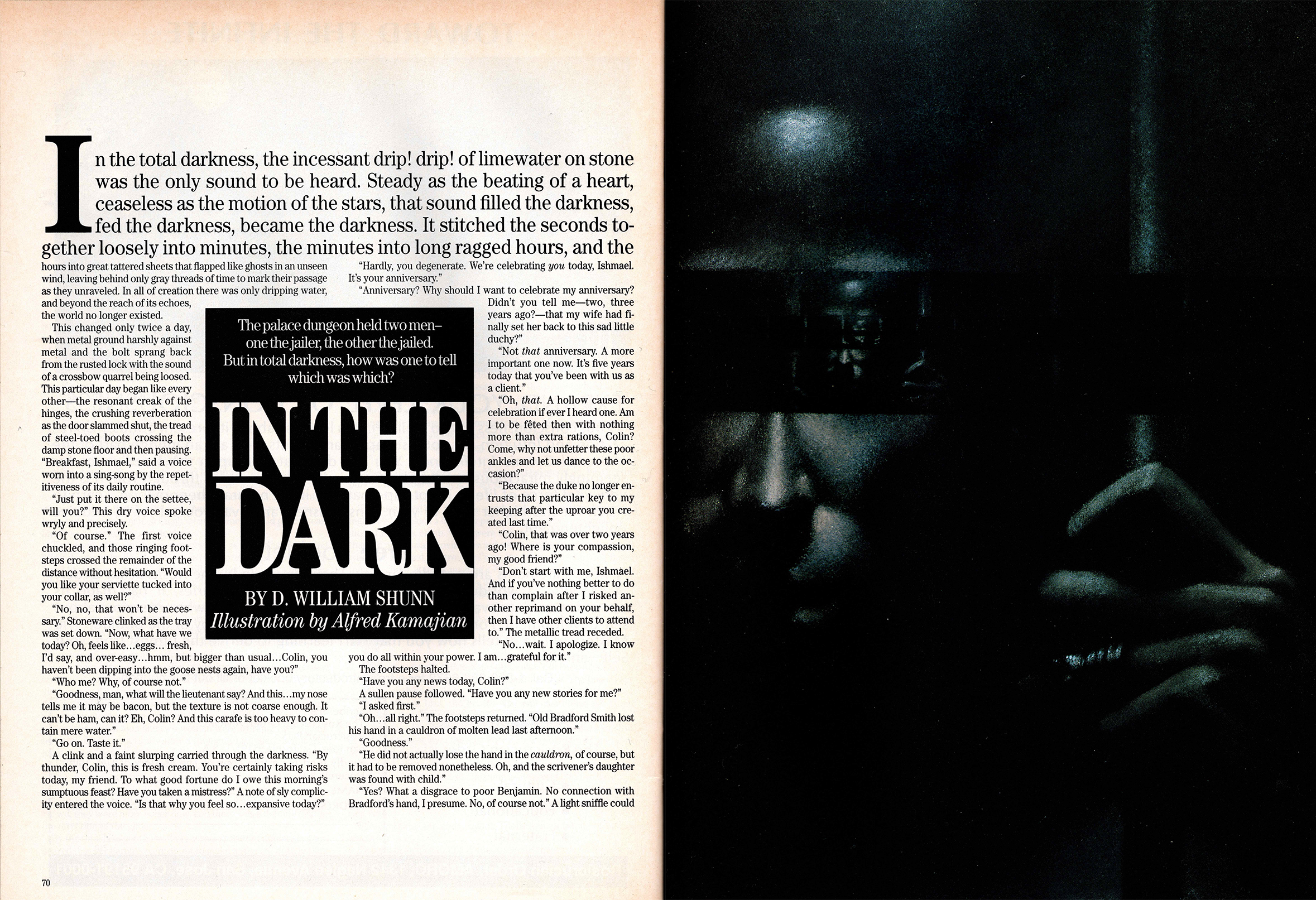 Scan of two pages from a full-size glossy magazine, one with the first page of a short story called "In the Dark," the other with an illustration of a prisoner gripping bars in darkness, with a smaller version of the scene repeated where his eyes should be.