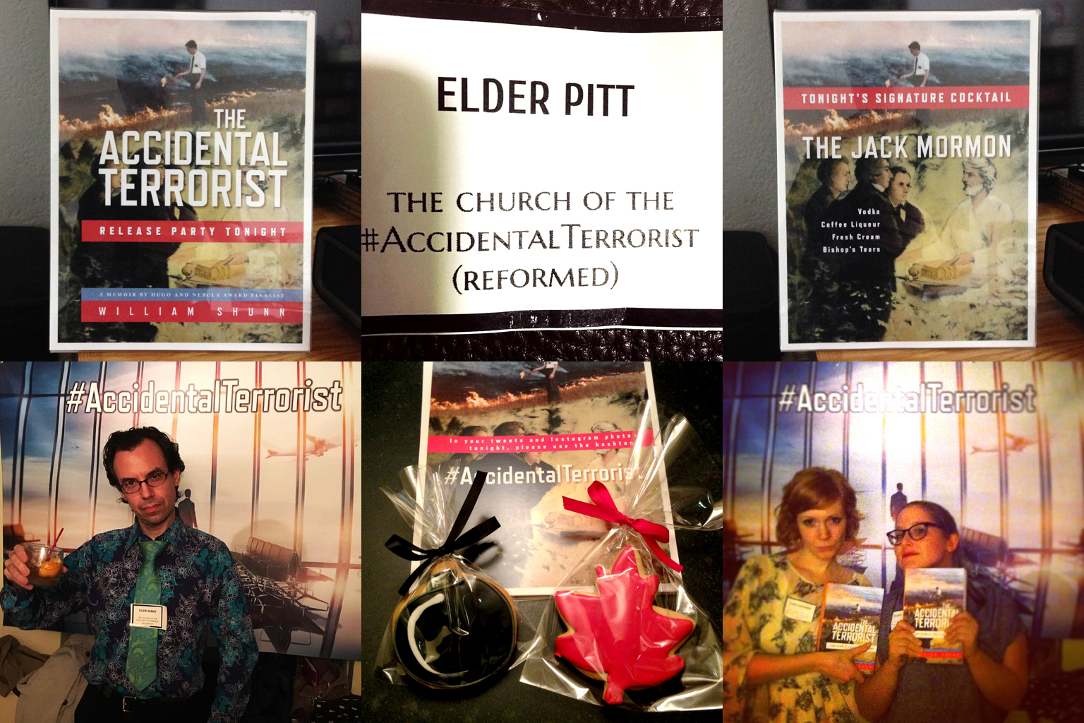 A montage of images from the Accidental Terrorist launch party, including a release party sign, a printed name tag for "Elder Pitt," a sign for signature Jack Mormon cocktail, a man in a colorful shirt and tie holding a drink in front of the selfie banner, custom cookies shaped like a black cartoon bomb and a red maple leaf, and two women posing in front of the selfie station holding up copies of the book.