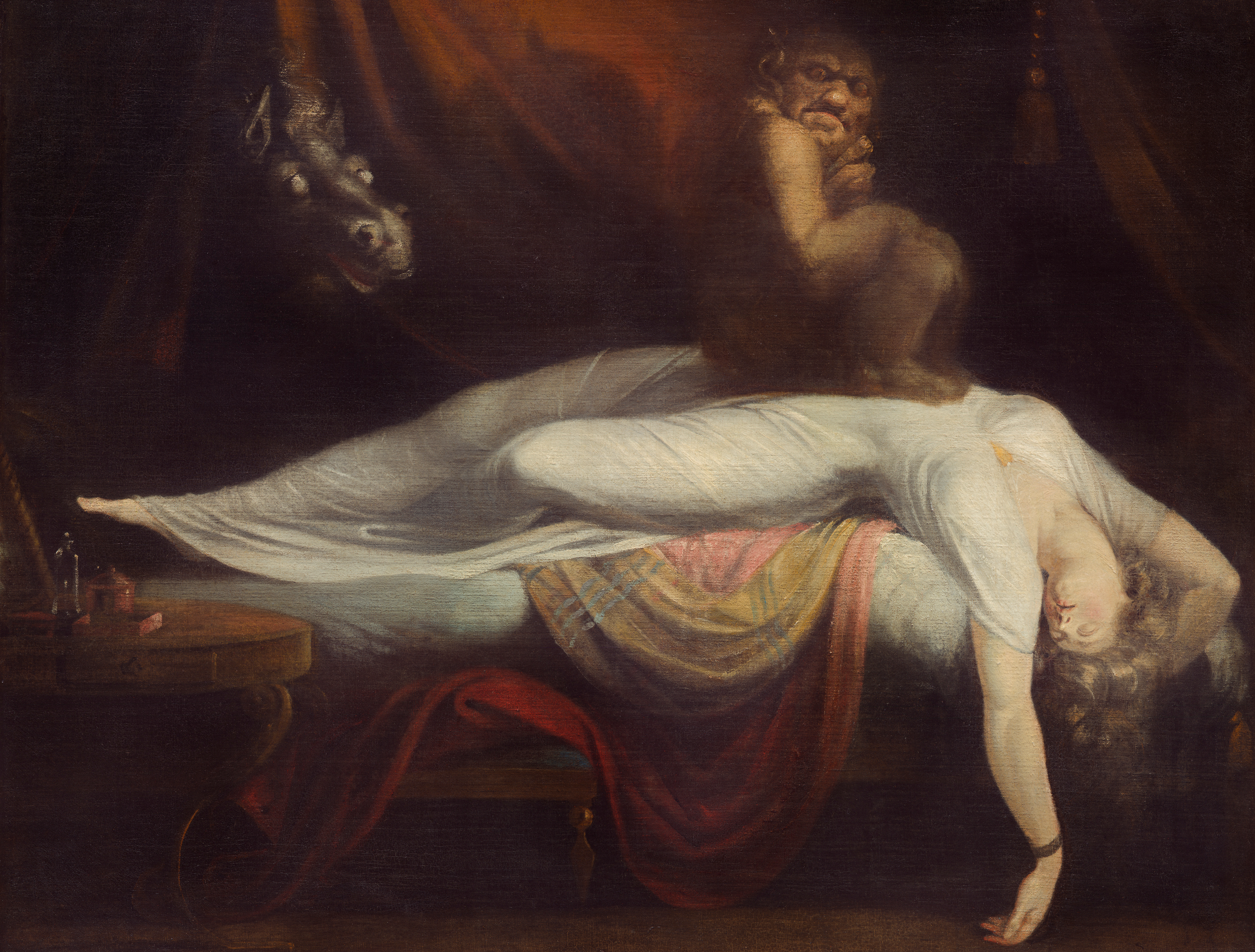 An oil painting of a woman in deep sleep with an ape-like incubus crouching on her chest, while a dark horse looks on through a red curtain or tent flap behind them.