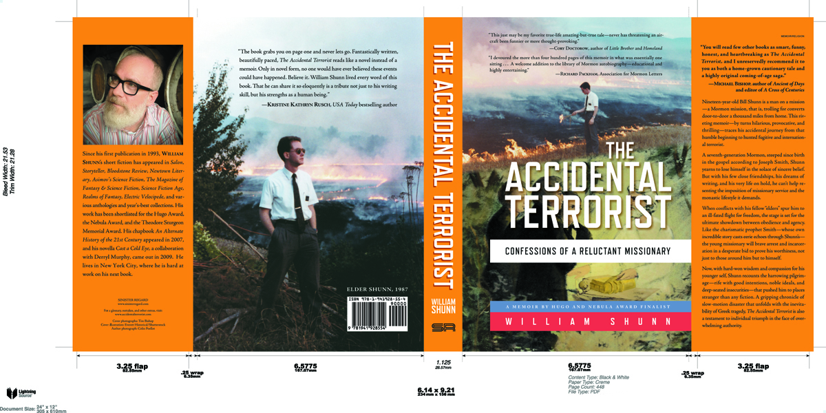 A flattened book jacket image for The Accidental Terrorist, showing guidelines and measurements and other annotations.