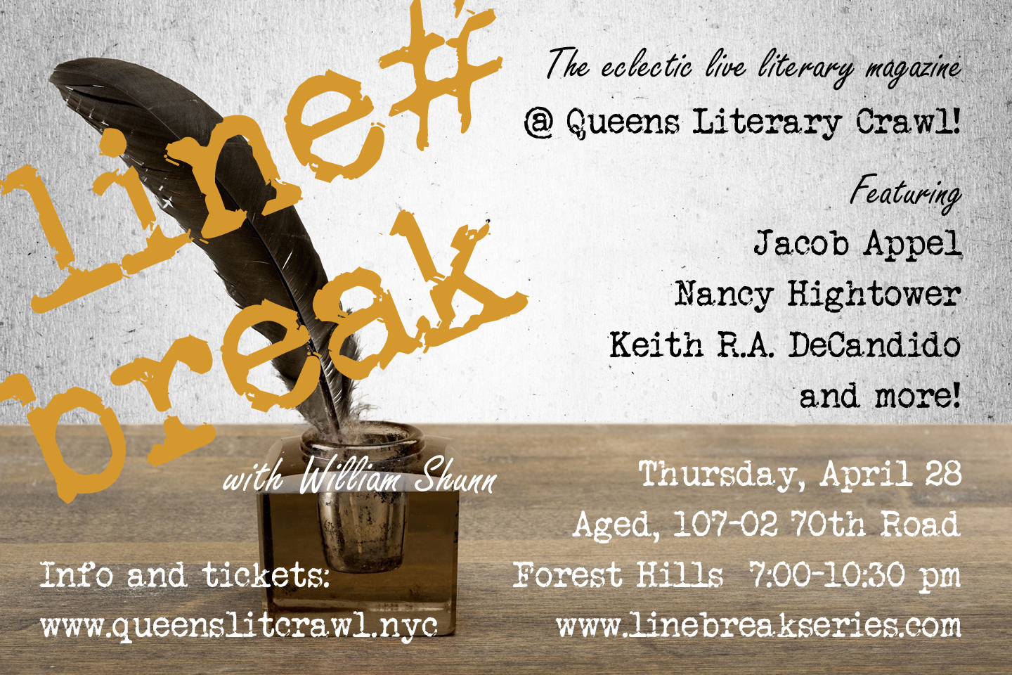 Line Break Reading Series at the Queens Literary Crawl, Thursday, April 28, 7:00-10:30 pm