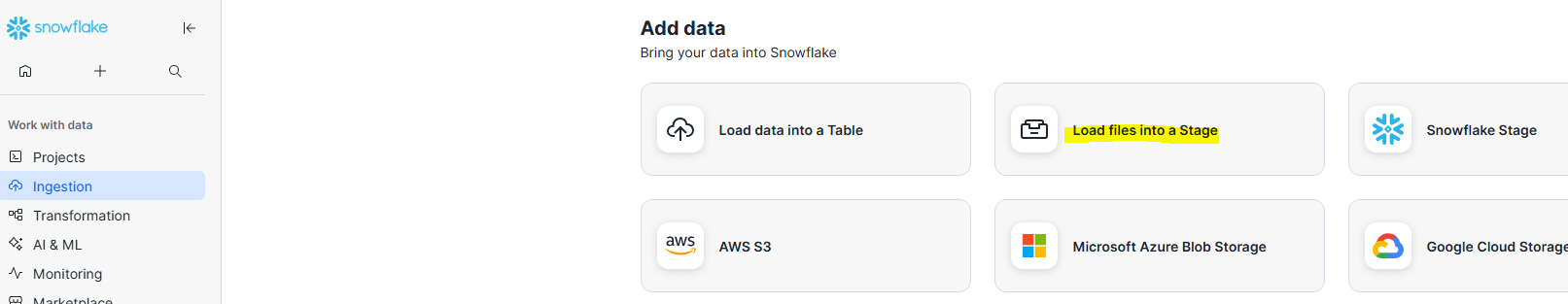 Snowsight : importer un fichier dans un stage