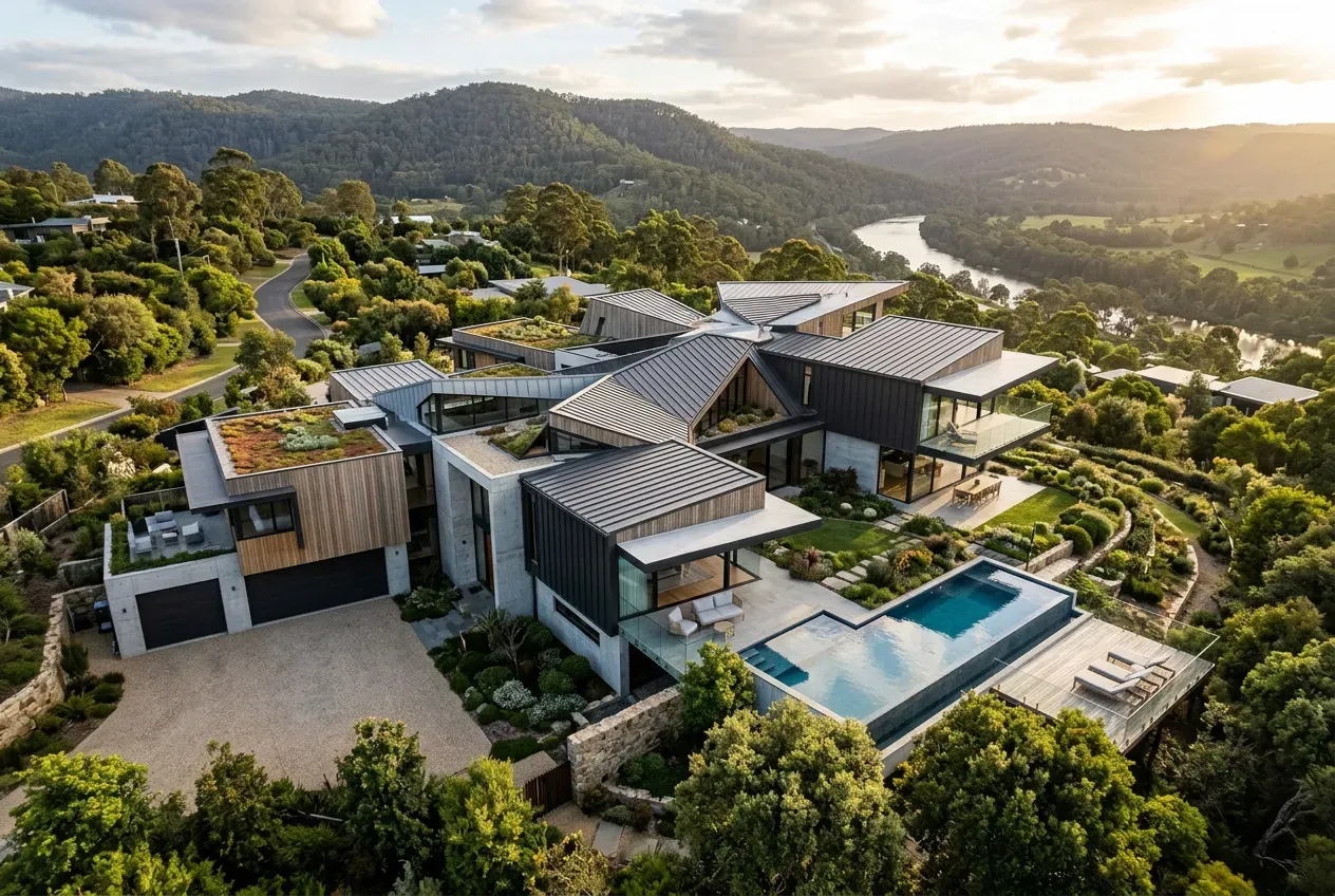Casa moderna com telhado complexo multinível em renderização fotorrealista